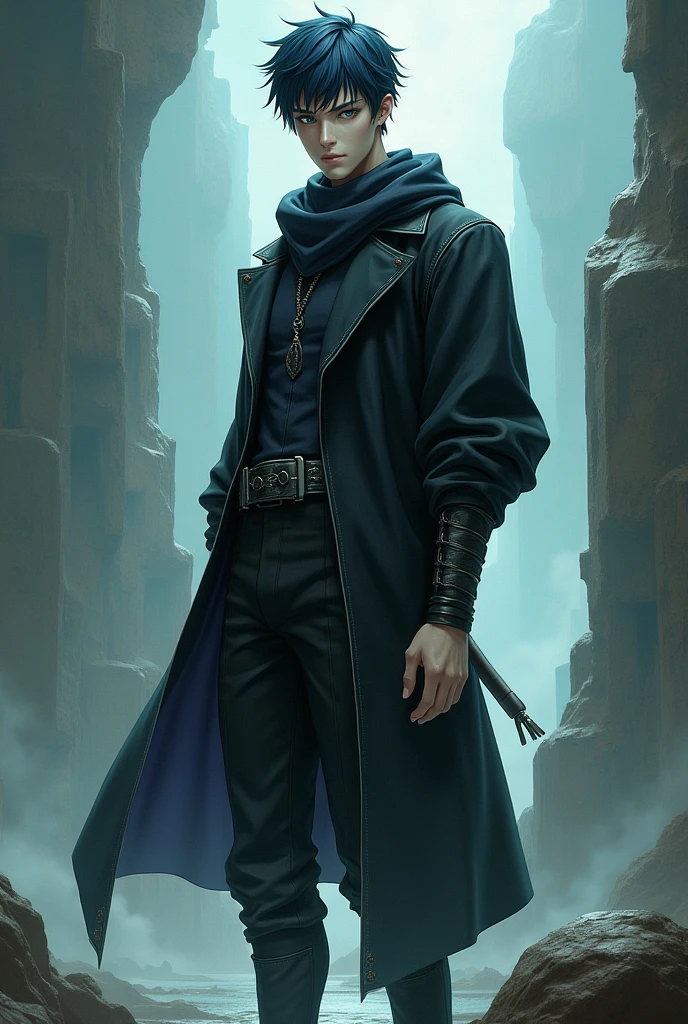 Jin-u solo leveling as half elf 1.99m Green Eyes, very dark blue hair, 25 years old and 82 kg, in good condition Black clothes