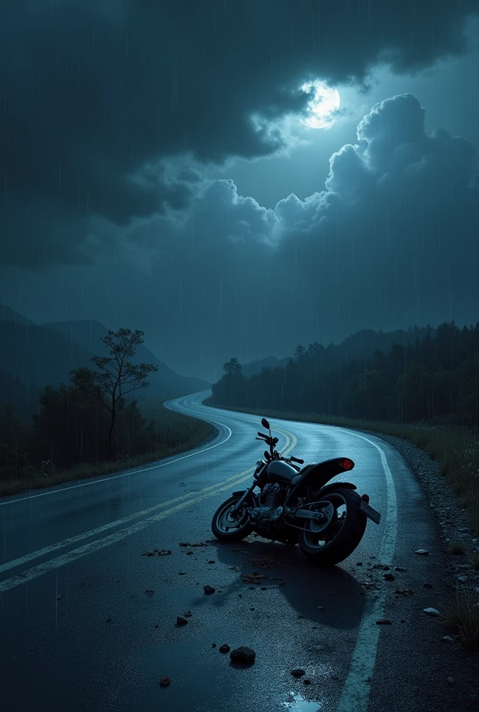 Dark stormy night, motorcycle accident in curve of desserted road, no people