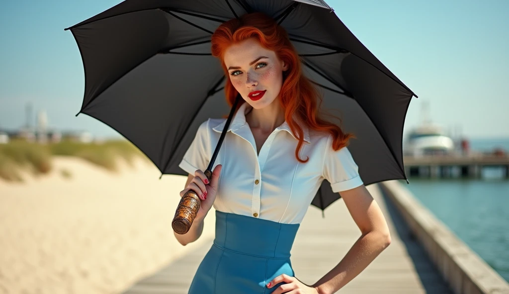 hottie, woman, 20 years old, 40's stewardess uniform, short skirt, white and blue, redhead, sexy pose, holding a black umbrella with wooden handle and intricate decorations, docks, boardwalk, sand, sunny day, judy garland, red lipstick, freckles. full body. small smile, dimples