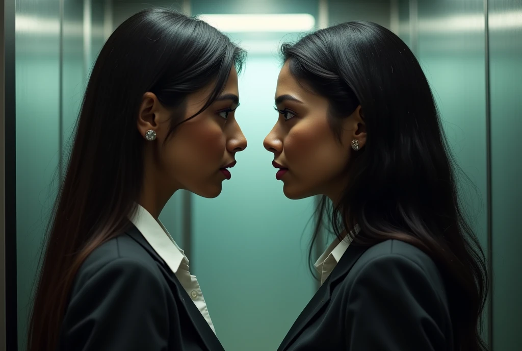 A Indian women married age 32 have very big boobs wearing office attire standing in elevator her rival staring her nose to nose she was wearing office attire age 32 very big boobs long hair black married women both pink lips light makeup, ultra HD 4k masterpiece realistic, ultra sharpe picture quality
