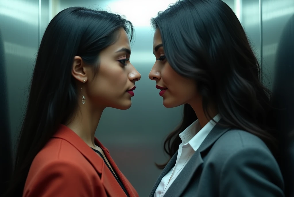A Indian women married age 32 have very big boobs wearing office attire standing in elevator her rival staring her nose to nose she was wearing office attire age 32 very big boobs long hair black married women both pink lips light makeup, ultra HD 4k masterpiece realistic, ultra sharpe picture quality