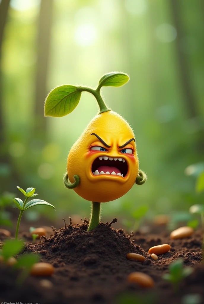 A seed which is little 
angry with fireless for getout into the ground and near beside a man is smiling on seed