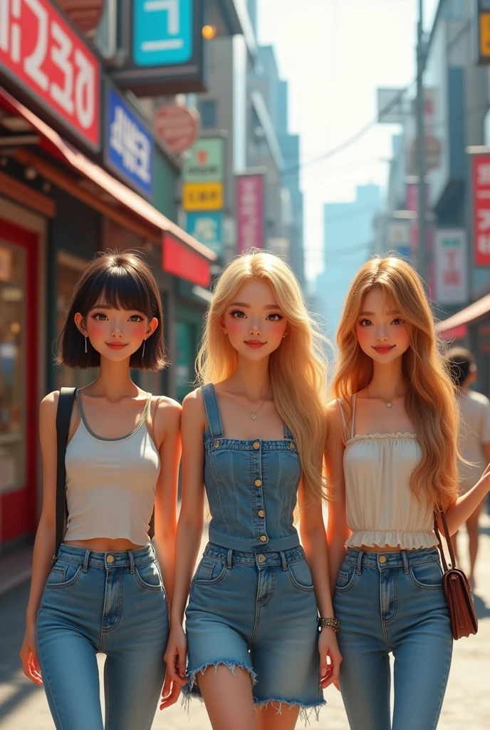 Make three girls: a brunette with short hair and black eyes. A blonde with long hair and brown eyes. She is a long blonde with brown eyes.. the three of them are posing as if they were in a vlog and are in Seoul, Korea walking on the streets.