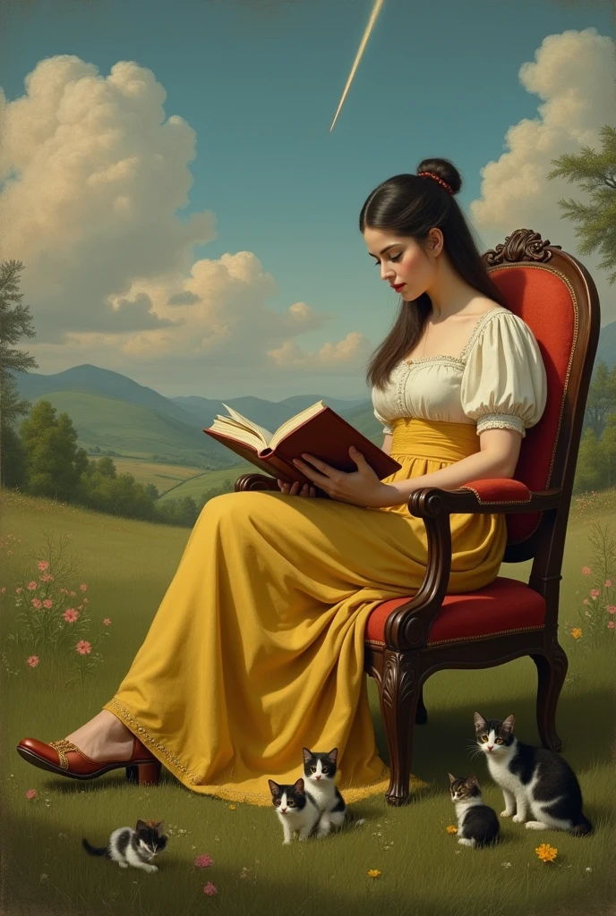 The reader (1772), by Jean-Honoré Fragonard with kittens on the floor, the woman with straight hair, in a field, in the wild, sitting on a massive chair, the woman with her hair tied up and the clear clouds, with a yellow dress