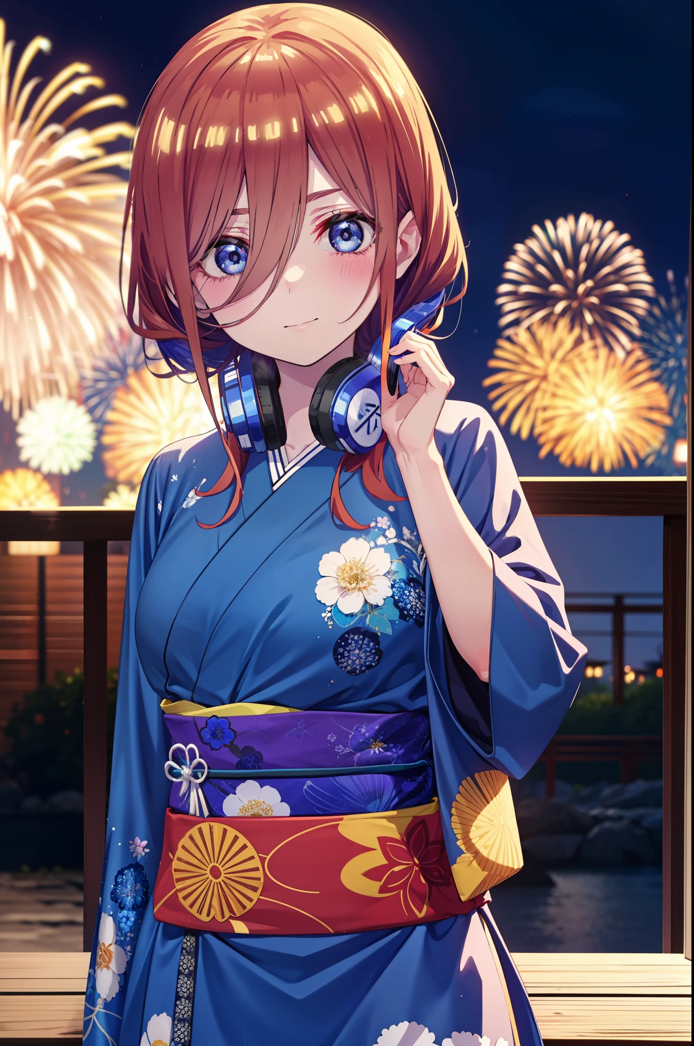 Miku Nakano, miku nakano, Long Hair, bangs, blue eyes, Brown Hair, shirt, Hair between the eyes, Headphones around neck,hair tied back,Flower Hair Ornaments,smile,blush,Blue flower pattern kimono,Blue long skirt,Fireworks in the night sky,Fireworks,The place is a fireworks display,Time is night,sunny day,日本のfestival,夏festivalの屋台,Red lantern,whole bodyがイラストに入るように,
break outdoors, garden,festival,
break looking at viewer, whole body, (Cowboy Shot:1. 5),
break (masterpiece:1.2), Highest quality, High resolution, unity 8k wallpaper, (figure:0.8), (Beautiful attention to detail:1.6), Highly detailed face, Perfect lighting, Highly detailed CG, (Perfect hands, Perfect Anatomy),