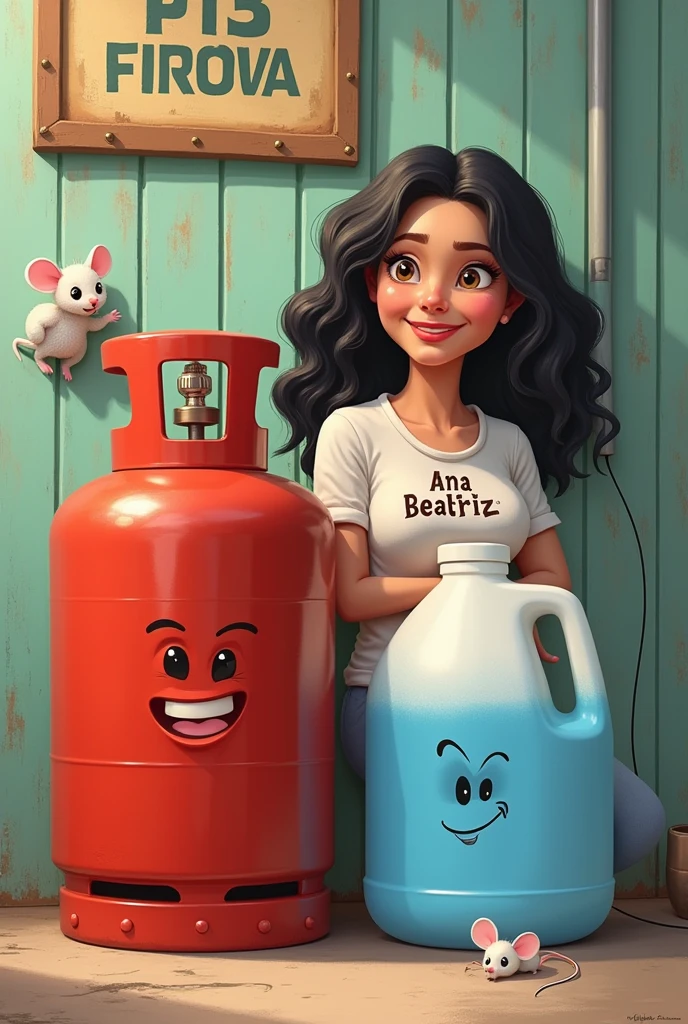 a P13 gas cylinder next to a gallon of water sold in Brazil ,both smiling with a banner saying “Brejinho RN” is a white woman with slightly curly hair,long and black with a blouse that says “ana beatriz” and the mouse is light 
