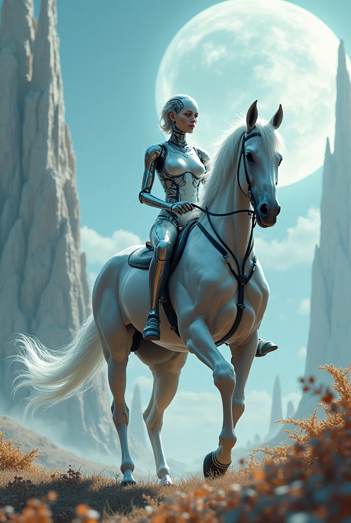female robot riding a horse