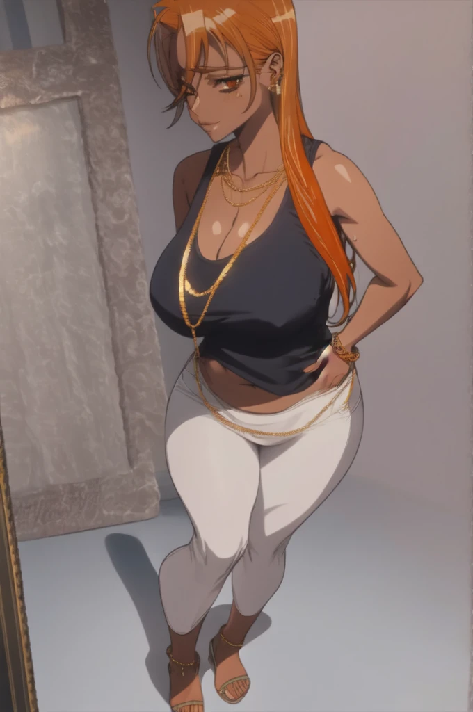 tall body, tall, long legs, mature female, mature, adult, eft_hotd_orange, 1girl, solo, ((orange hair)), brown eyes,Big breasts, enormous large breasts, big cleavage, ((tank top with cleavage and open navel)), (Tight lowrise yoga pants),Plump, Half eyes expression, Hoopa earring, ((silver chain tag necklace)), ((big Hoopa bracelet)), Long nail, eyeshadow,Sweat, (earPierce), Rei miyamoto,Perfect face,detailed face,eyes on viewer,Golden ring,Standing,,Gloss lips,Horny,Half eyes open,Soft expression,Wide hips,big hoops Earring,Soft expression,Curvy figure,Many gold rings,gold rings,Tatto, Solo,Wide hips,Swaying hips,Standing pose,Oversize breast,Lipstic,Professional make up,Eyeshadow,Tight tights,Detailed face,untidy apartment room,Detailed hand,fullbody,High quality pitcure,day,enchanced big breast,tight thights,multi layered Gold chain necklace,Light blush,Blacked women,Black colored tattoo,Smile,gaze on viewer,long slicked hair,long Slicked back bang hair,1hand in hips,swaying hips,((In love expression)),((Submissive expression)),White skin