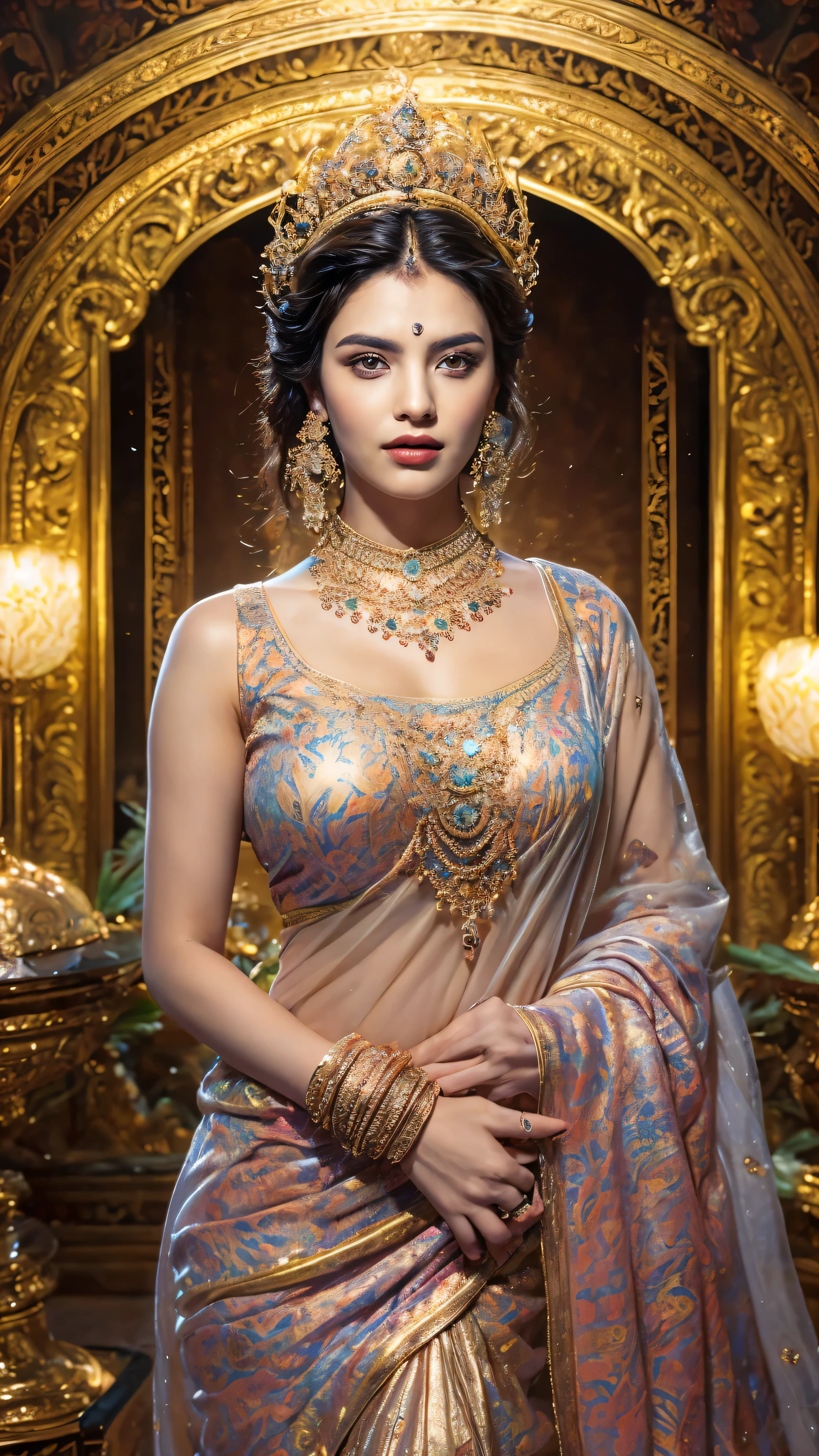 ((Best quality, 8k, Masterpiece :1.3)), Sharp focus :1.2, Generate a realistic image of a beautiful sexy Indian woman (pure body and peaceful mind) plus size body: 8.5 (masterpiece like a princess magical clothing) dressed in a white ghagra and print bra, adorned with traditional ornaments, standing in a well-lit room with cinematic lighting. ((Front view, random elegant pose)), and there is a sense of grace and elegance in her posture. The background should complement the scene, enhancing the overall aesthetic appeal of the image. Photography by Brandon Woelfel, Full shot: Canon EF 16-35mm f/2.8L III USM lens on a Canon EOS 5D Mark IV camera, ultra realistic, 32k, HD