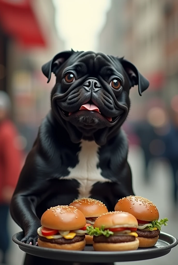 Black pug with a white spot selling hamburgers to a chubby