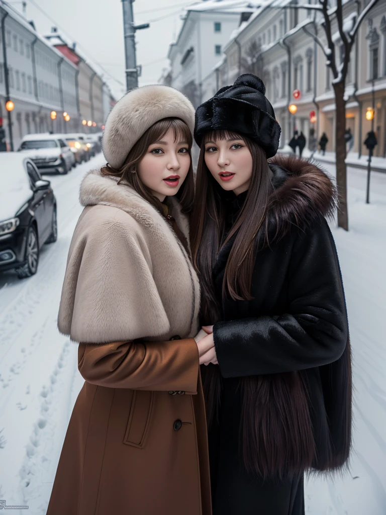 Winter street corner in Russia、snow、Women wearing luxurious furs。(((Typical Russian woman、A nasty expression that makes you want to open your mouth))),fur cape、Looking at this、(((Staring at the photographer、Pair of women)))、Fur coat。