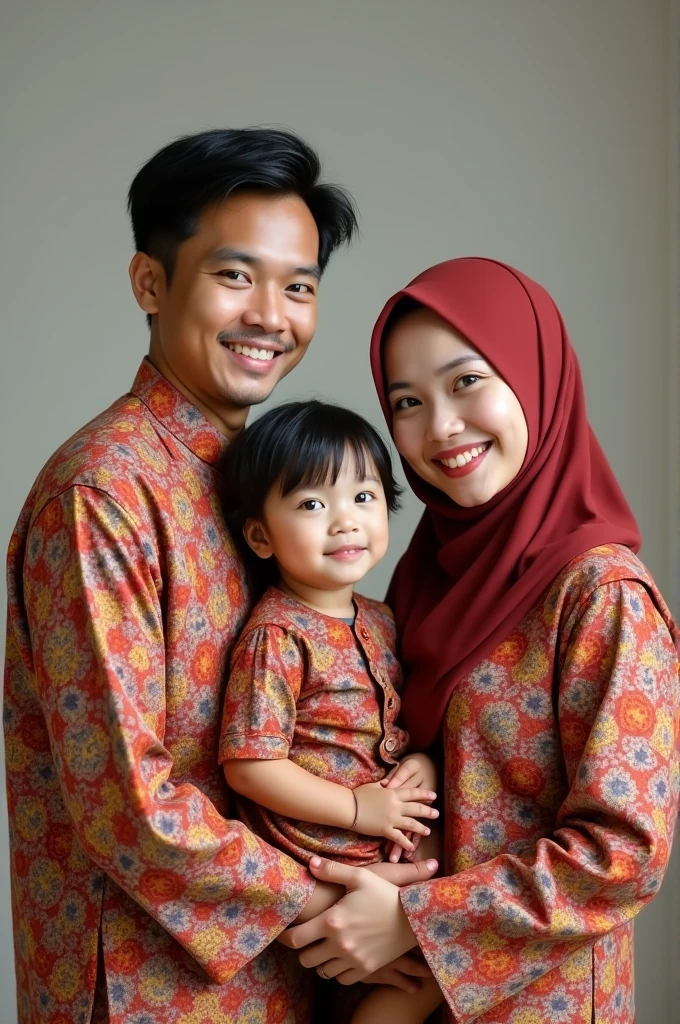 A handsome 28 year old father wearing a Javanese Muslim batik shirt and a beautiful 25 year old mother wearing a Javanese Muslim batik shirt are taking a family photo with a beautiful old daughter wearing a Javanese Muslim batik shirt taking a family photo facing forward to the camera close-up
