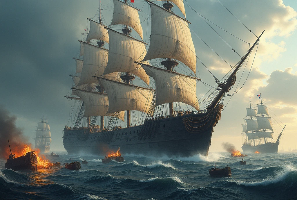 (raw photo, best quality) , (Realistic, photo-realistic: 1.4), extremely formidable general plan, masterpiece, ultra-detailed, high resolution, best illustration, best images, Gigantic ship of the 16th century the royal navy, the ship is very large, it is very beautiful, there four great masts, all its sails are deployed, it has a big hull, it is equipped with about fifty cannon, it is very beautiful, it sports the French flag (blue white red), around it there are several wrecks of ship destroyed on fire, Photorealist style 8k, DSLR, high quality, (film grain: 1.4), Fujifilm XT3,