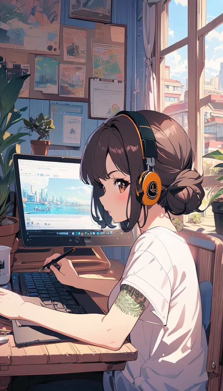 (extremely detailed CG unity 8k wallpaper), (best quality), (best illustration), (best shadow), realistic lighting, beautiful detailed reglow, masterpiece, best quality, lofi artstyle, lofi art, city, town, 80s anime style, Retro, Lo-Fi, 1girl, arm tattoo, black hair, brown hair, cactus, coffee mug, computer, cup, drawing tablet, from side, hair bun, indoors, jewelry, laptop, mug, piercing, plant, potted plant, shirt, short sleeves, single hair bun, sitting, solo, stylus, sunlight, t-shirt, table, tattoo, white shirt, window, use headphone, headphone