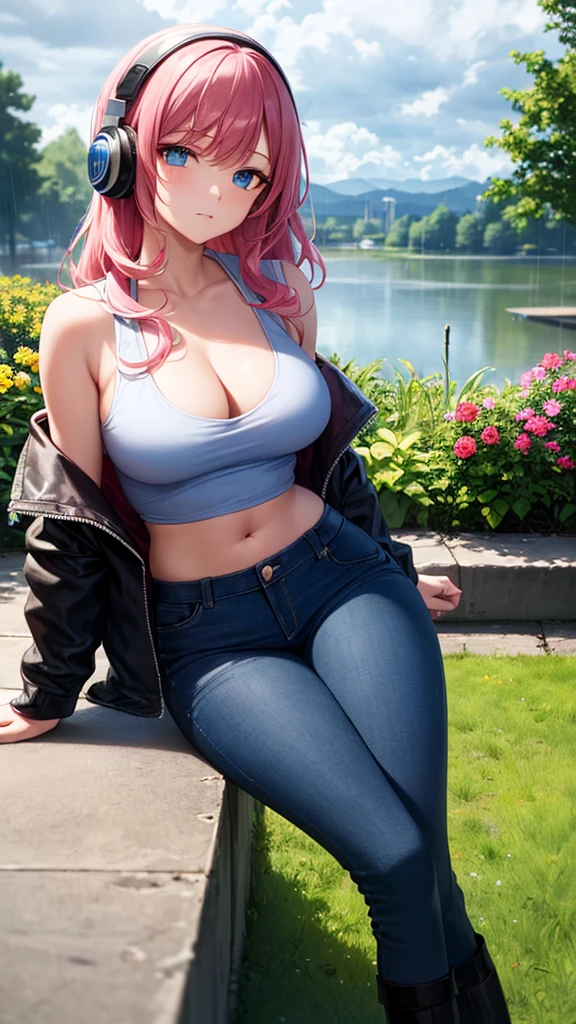 masterpiece, best quality, highres, high detail, beautiful woman, wavy hair, (pink hair), (blue eyes), ((blue tank top and unbuttoned jacket)), ((long black skirt)), midi pencil skirt, denim skirt, midriff, leather boots, wearing headphones, bracelets, looking at viewer, rainy backdrop, storm, clouds, garden, park, lake, (cloudy sky),