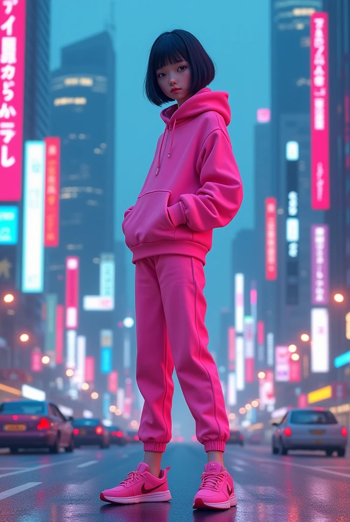 A girl with her hands in her pockets and the city of Tokyo behind her and a pink hoodie and pink pants and pink Nike shoes and her hair is a bob cut.