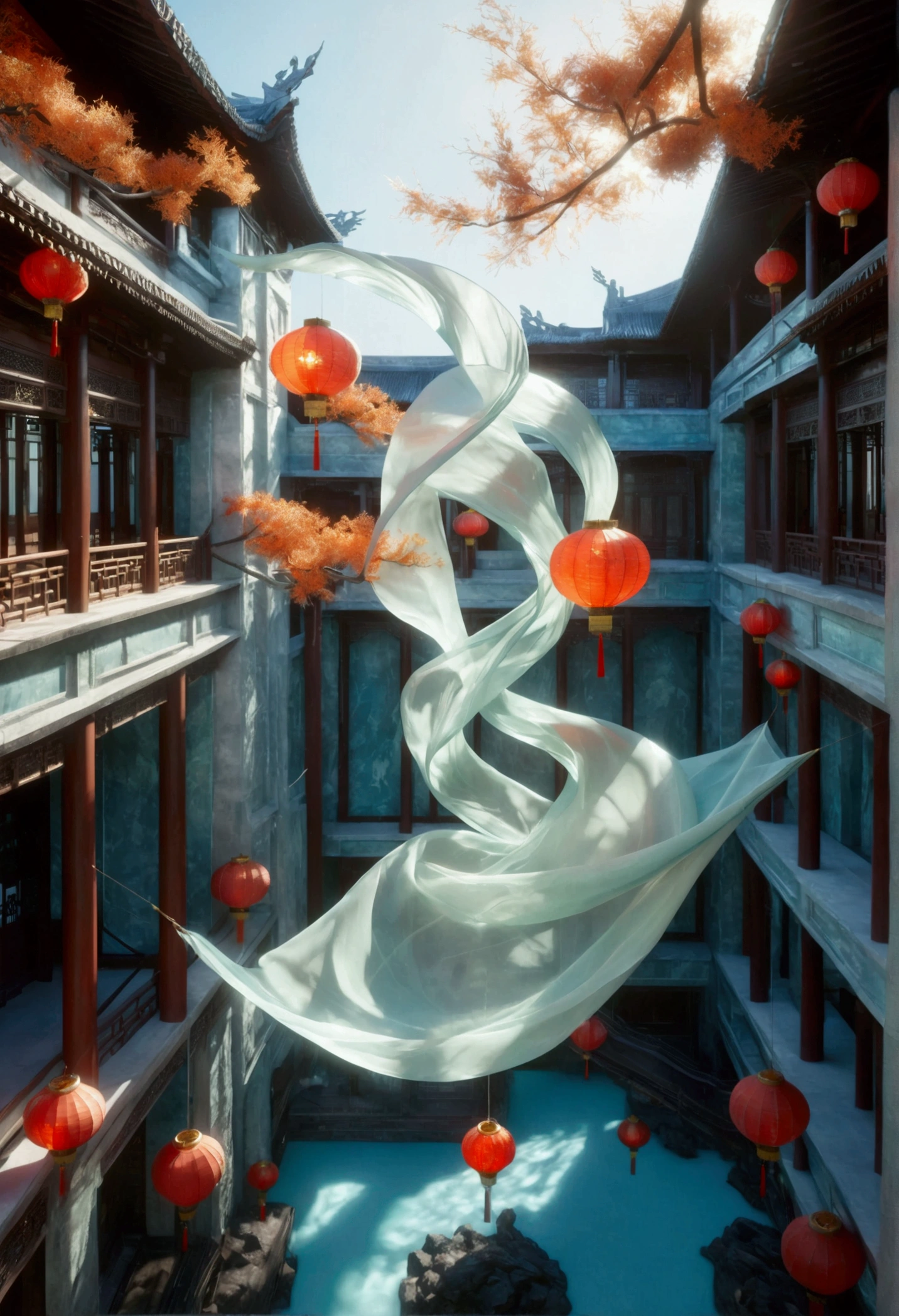 An unfurled scroll of ancient Chinese rice paper, made of glass, Chinese-chic style, floating cities, disorganized Spaces, Classical architecture, light blue, C4D, OC renderer, fantastic, antique and futuristic, 3D antique, large white space, shift axis photography, backlight, volume light, self-lighting, stage light, clean background, 3D style, science fiction