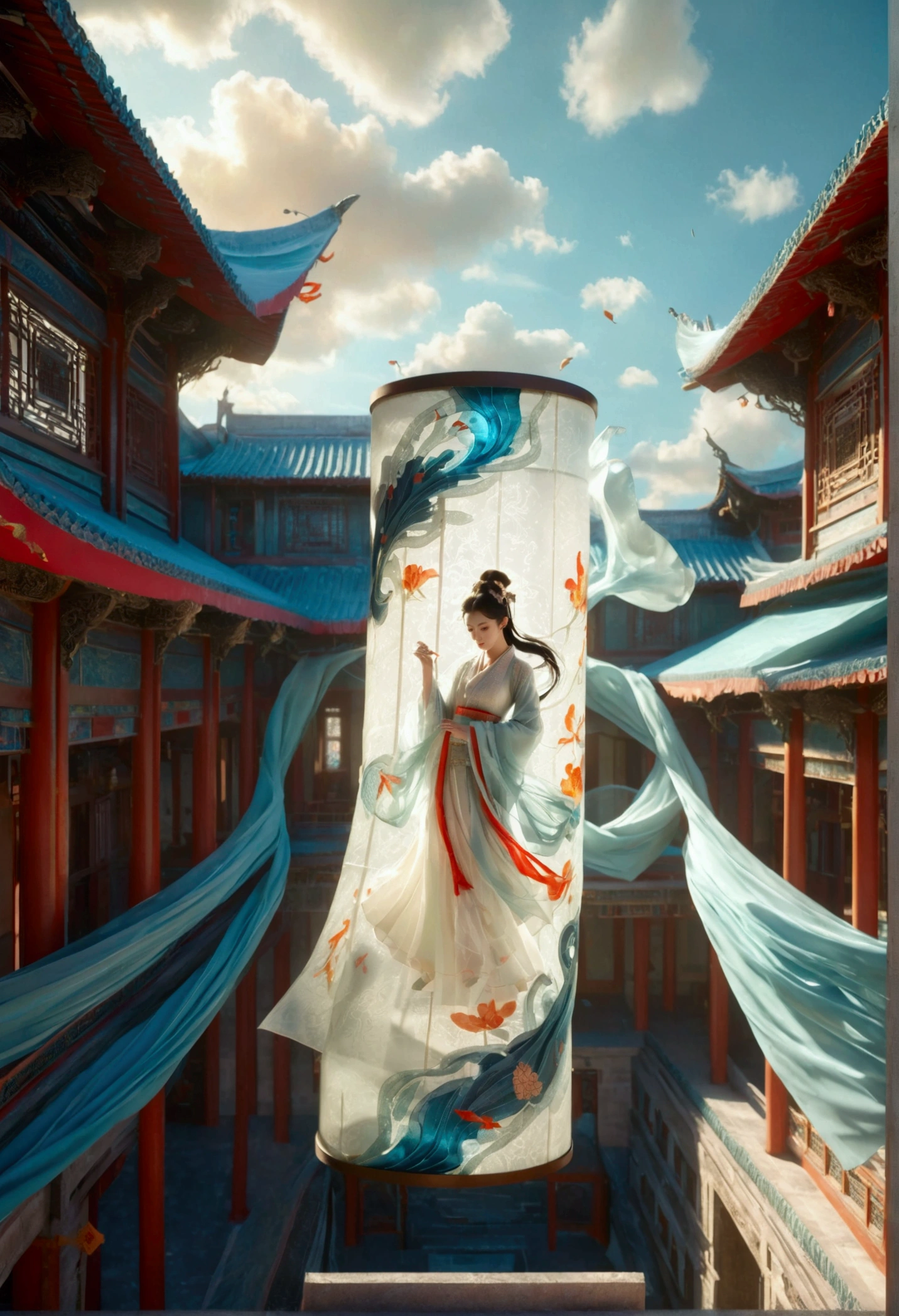 An unfurled scroll of ancient Chinese rice paper, made of glass, Chinese-chic style, floating cities, disorganized Spaces, Classical architecture, light blue, C4D, OC renderer, fantastic, antique and futuristic, 3D antique, large white space, shift axis photography, backlight, volume light, self-lighting, stage light, clean background, 3D style, science fiction