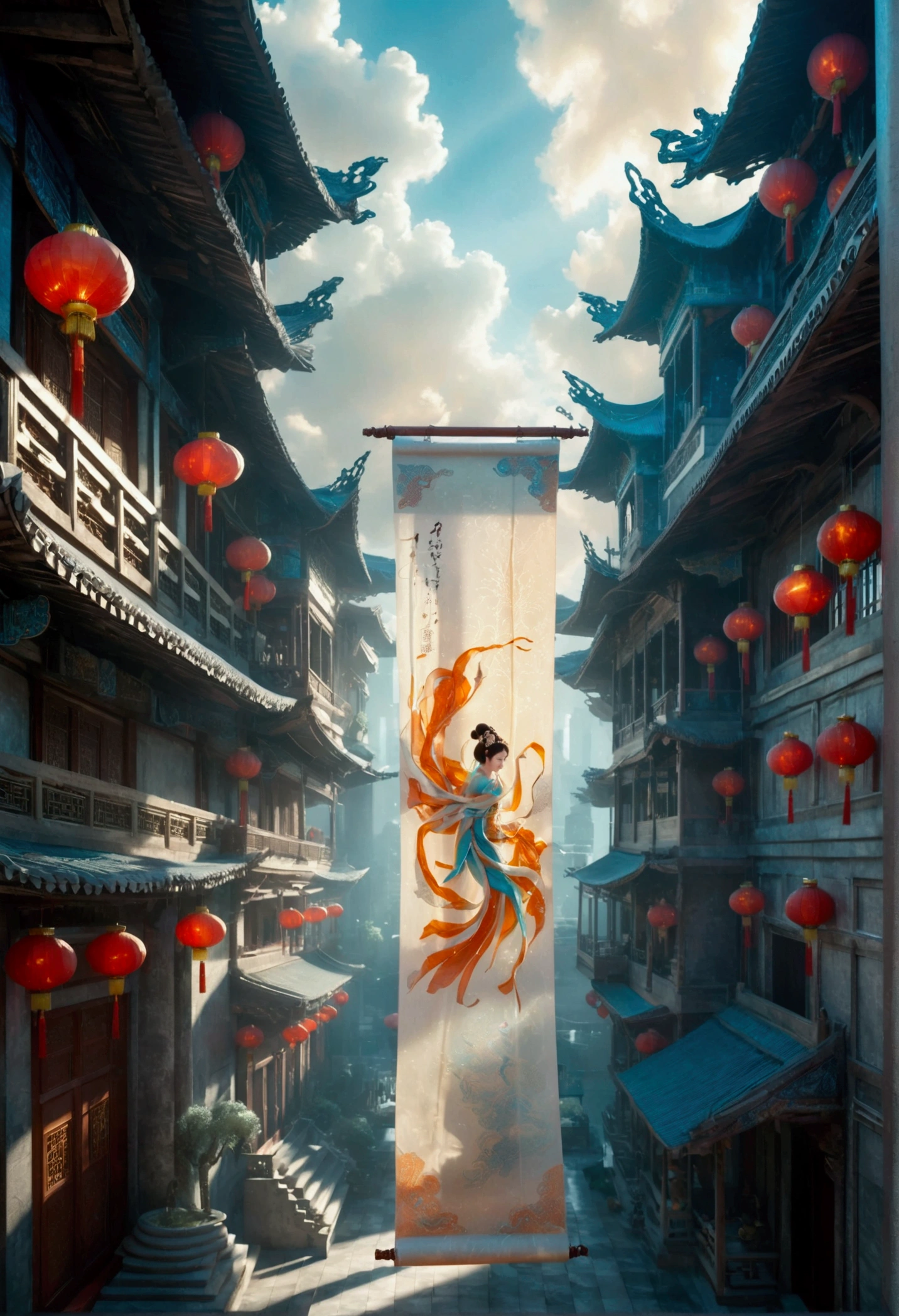 An unfurled scroll of ancient Chinese rice paper, made of glass, Chinese-chic style, floating cities, disorganized Spaces, Classical architecture, light blue, C4D, OC renderer, fantastic, antique and futuristic, 3D antique, large white space, shift axis photography, backlight, volume light, self-lighting, stage light, clean background, 3D style, science fiction