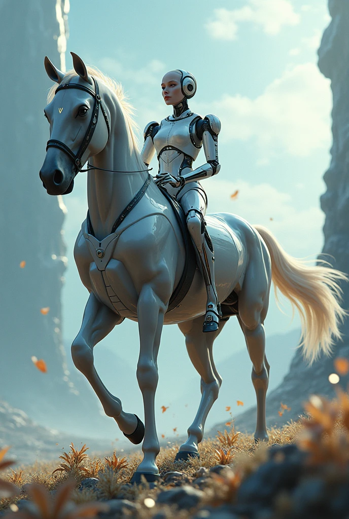female robot riding a horse