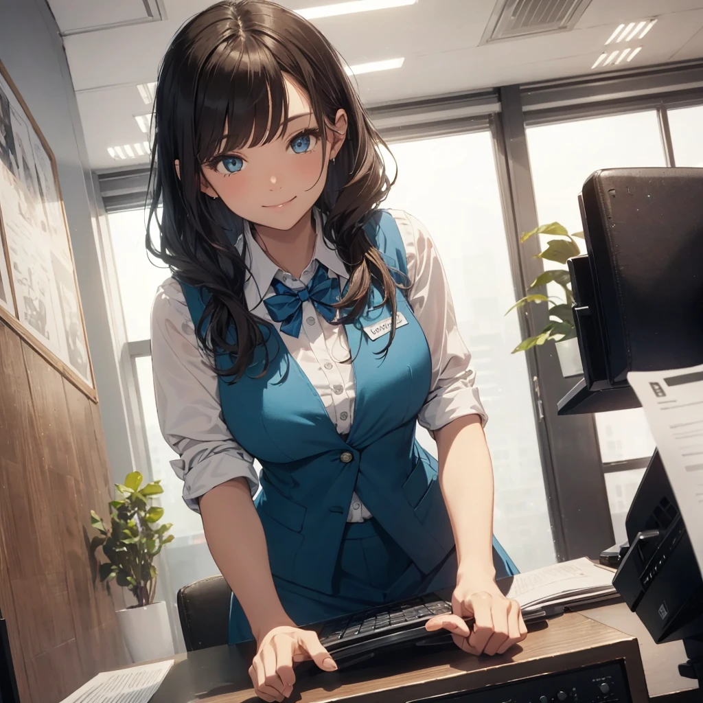 1lady solo, sitting, (from above), office worker, ((blue vest) over white dress shirt), mature female, /(dark brown hair/), kind smile, (masterpiece best quality:1.2) delicate illustration ultra-detailed, large breasts,bowtie BREAK (modern office) indoors, (reception desk), entrance, detailed background