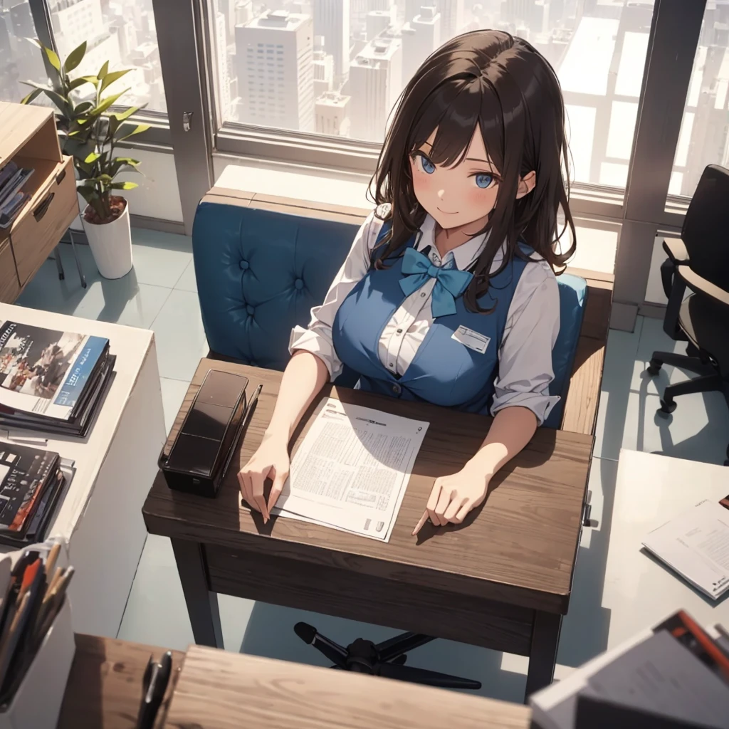 1lady solo, sitting, (from above), office worker, ((blue vest) over white dress shirt), mature female, /(dark brown hair/), kind smile, (masterpiece best quality:1.2) delicate illustration ultra-detailed, large breasts,bowtie BREAK (modern office) indoors, (reception desk), entrance, detailed background