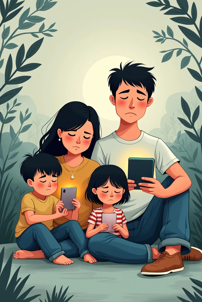 Can you generate a easy to draw cartoons  poster with a sad family on their phones with designs on the background 