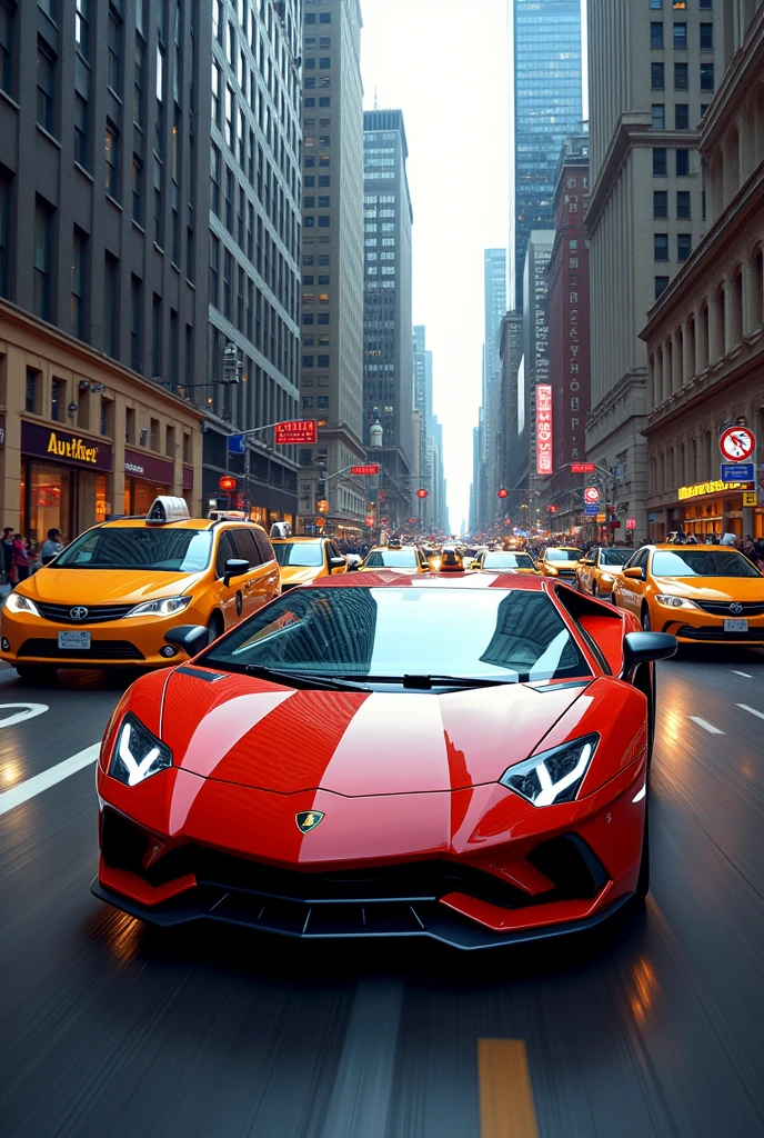 Create a Lamborghini car in newyork city image in 34.5 cm *73 cm