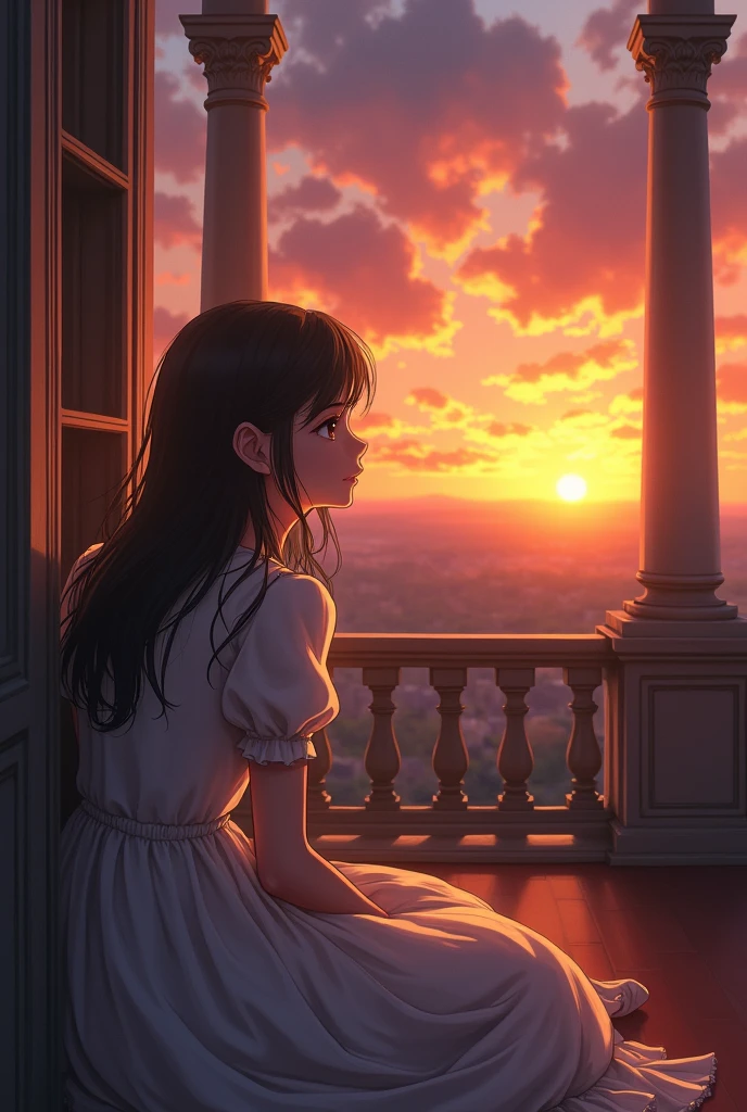 A 14 year old girl sitting in the ground of he balcony of a victorian era watching the sunset with a white dress she wears facing the sunset