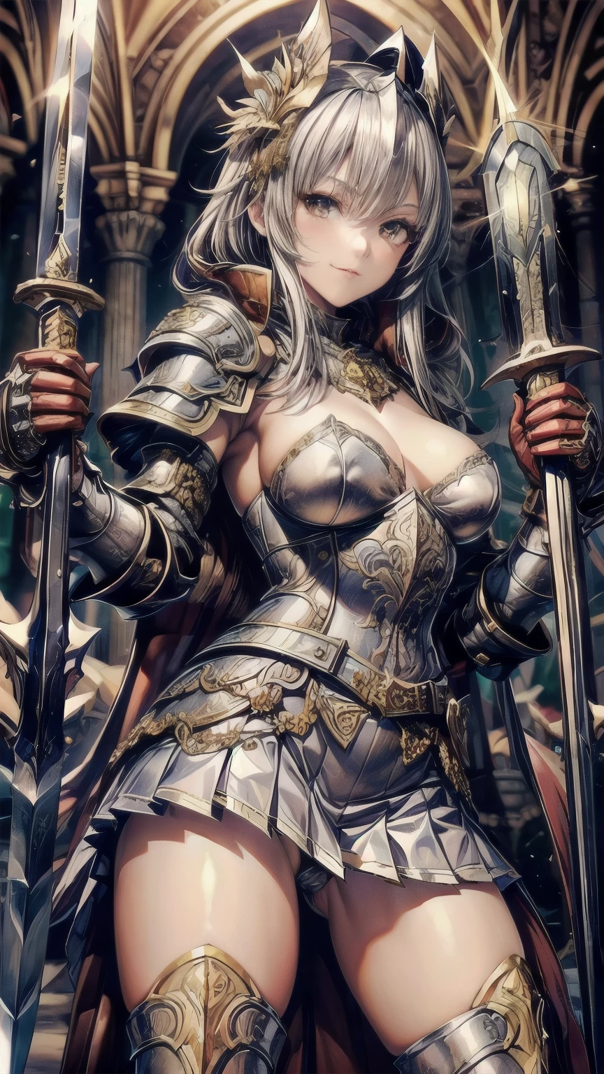 1girl,((Beautiful blue medium hair,Golden Eyes)),((A luxurious metal armor that covers the upper body,pleated micro mini skirt,Thigh-length silver metal boots,Silver metal gauntlets,A very large red cloak:1.55)),8K quality,Extremely sophisticated digital art,((Posing with a sword in hand:1.95)),Perfect beautiful girl,A strong smile,Extremely detailed hair and face,Artistic pastel art,((Panty shot:1.15))