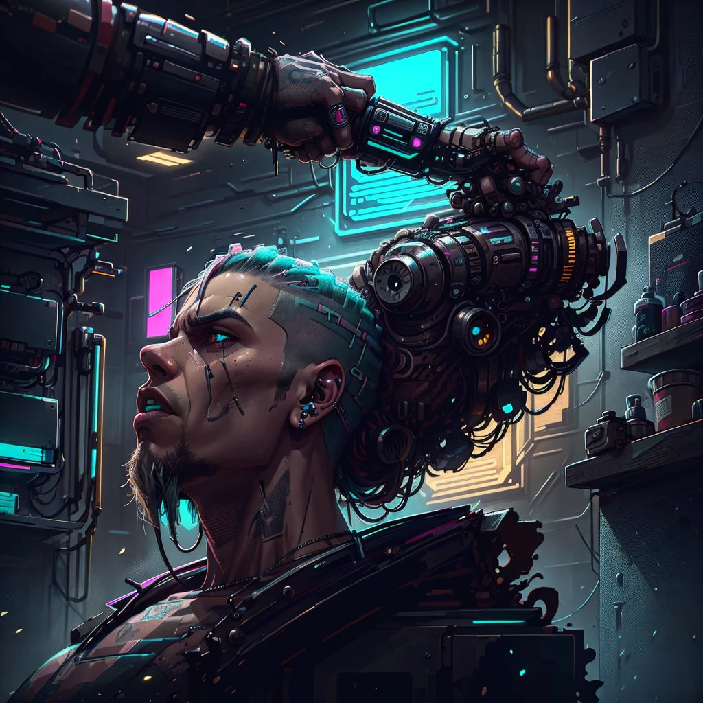 a drawing of a man with a gun and wires in his hair, detailed portrait of a cyborg, futuristic tetsuo, cyborg and wire details, detailed cyberpunk illustration, intricate cyborg, cyborg portrait, neuromancer, akehiko inoue and ross tran, cyber space cowboy, 4k detailed digital art, portrait of a cyberpunk machine, (cybernetic)