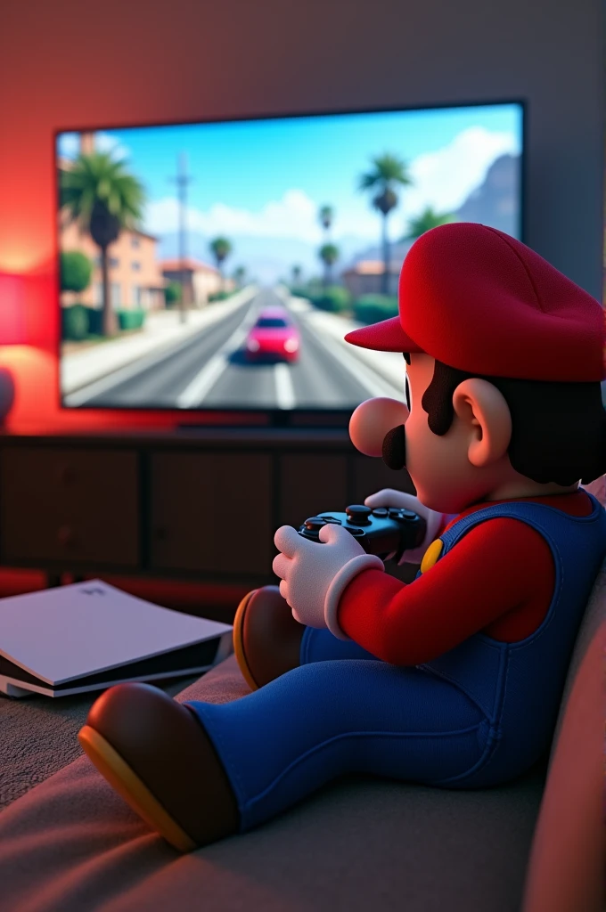 Super Mario character sitting in front of a television with a PS5 controller playing GTA5