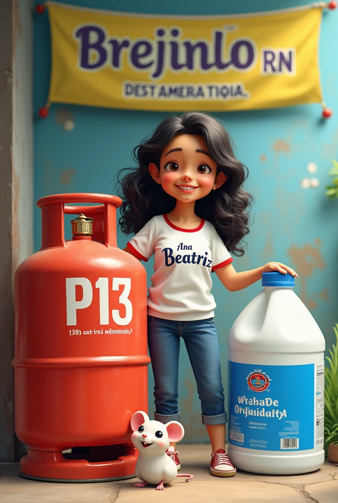 a P13 gas cylinder next to a gallon of water sold in Brazil ,both smiling with a banner saying “Brejinho RN” is a white woman with slightly curly hair,long and black with a blouse that says “ana beatriz” and the mouse is light