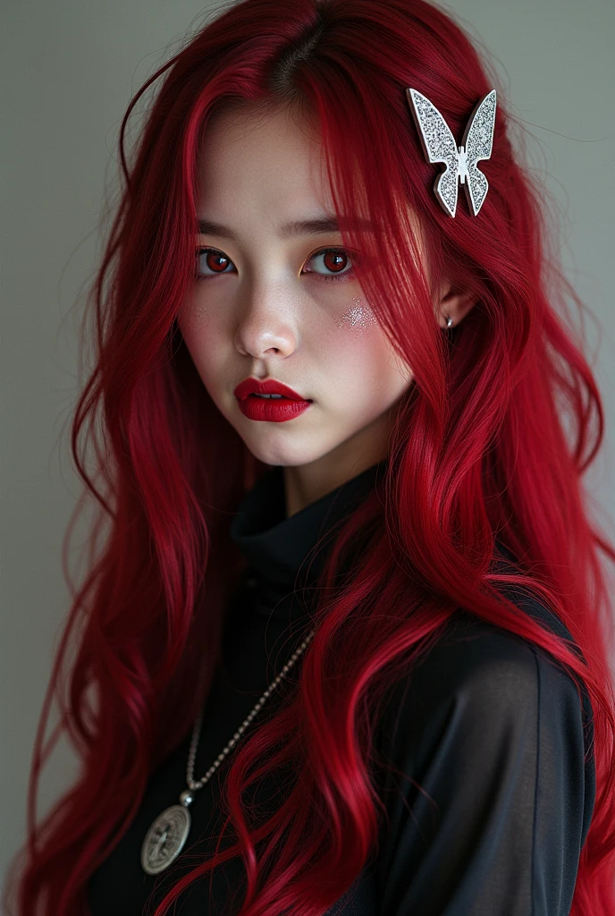 **Circe Scarlet** a beautiful and charming young girl. Be brave, intimidation, Intelligent. Looks like an 18 year old girl. Gambar real live person.
1. **Hair:**
- Hair Circe Scarlet panjang dan mengalir hingga ke pinggang, dark red with a hint of maroon that sparkles when exposed to light. Hairnya bergelombang dan bebas, sometimes it looks like the wings of a butterfly in flight, creating the illusion of movement even when he is standing still. In some parts, there are strands of hair that are dyed white, provides a striking contrast and adds a sense of mystery.
2. **face:**
- facenya memiliki fitur asia campuran fitur barat iaitu kacukan asia barat dan menawan dengan mata yang bersinar dengan warna merah menyala, like a ember reflected in the darkness. Her eyes had a mysterious and intense glint., often gives the impression that he can see into anyone's deepest heart. There are slight black shadows around his eyes which make his gaze even more dramatic..
- Her lips are dark red, always looks like he just drank the blood of his enemy. On the left side of his face, there is a delicate white butterfly-shaped birthmark, symbol of the deepest strength of his heart.
3. **clothes:**
- Circe wears black pants and with black and white combat boots with crimson socks. He always wears black and stylish modern gothic style clothes. On top of his shirt and pants, she wears a skirt, one red one black, and a belt with its symbol in white. She also accessorized with black fingerless gloves..
4. **accessories:**
- Around her waist, Circe wears a maroon leather belt, where hung a short sword with a red blade that looked like shining butterfly wings. This sword is one of his main weapons., able to cut quickly and silently.
- She also wore a bracelet made of pure silver with engravings.