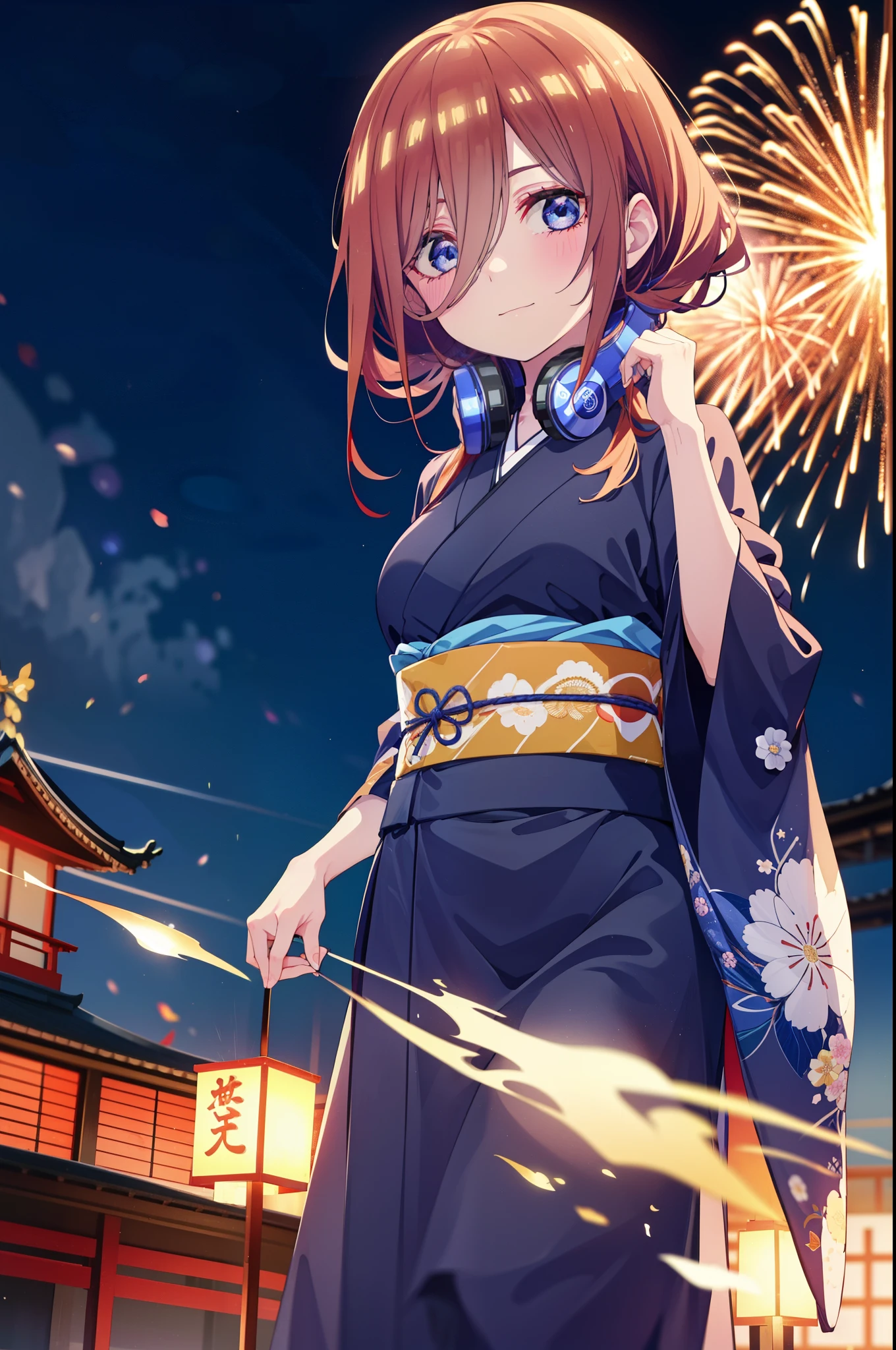 Miku Nakano, miku nakano, Long Hair, bangs, blue eyes, Brown Hair, shirt, Hair between the eyes, Headphones around neck,hair tied back,Flower Hair Ornaments,smile,blush,Blue flower pattern kimono,Blue long skirt,Fireworks in the night sky,Fireworks,The place is a fireworks display,Time is night,sunny day,日本のfestival,夏festivalの屋台,Red lantern,whole bodyがイラストに入るように,
break outdoors, garden,festival,
break looking at viewer, whole body, (Cowboy Shot:1. 5),
break (masterpiece:1.2), Highest quality, High resolution, unity 8k wallpaper, (figure:0.8), (Beautiful attention to detail:1.6), Highly detailed face, Perfect lighting, Highly detailed CG, (Perfect hands, Perfect Anatomy),