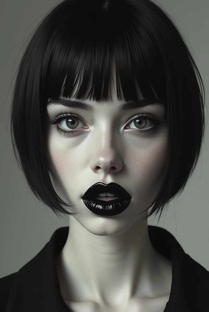 A woman have a small round face, straight eyebrow, flat nose and have a big dark heart shape lips and have a short hair 