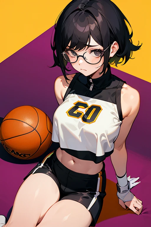 A girl wearing glasses, short black hair, a basketball outfit with a crop top and shorts, looking shy, sitting with her back bent, revealing her back and thighs.