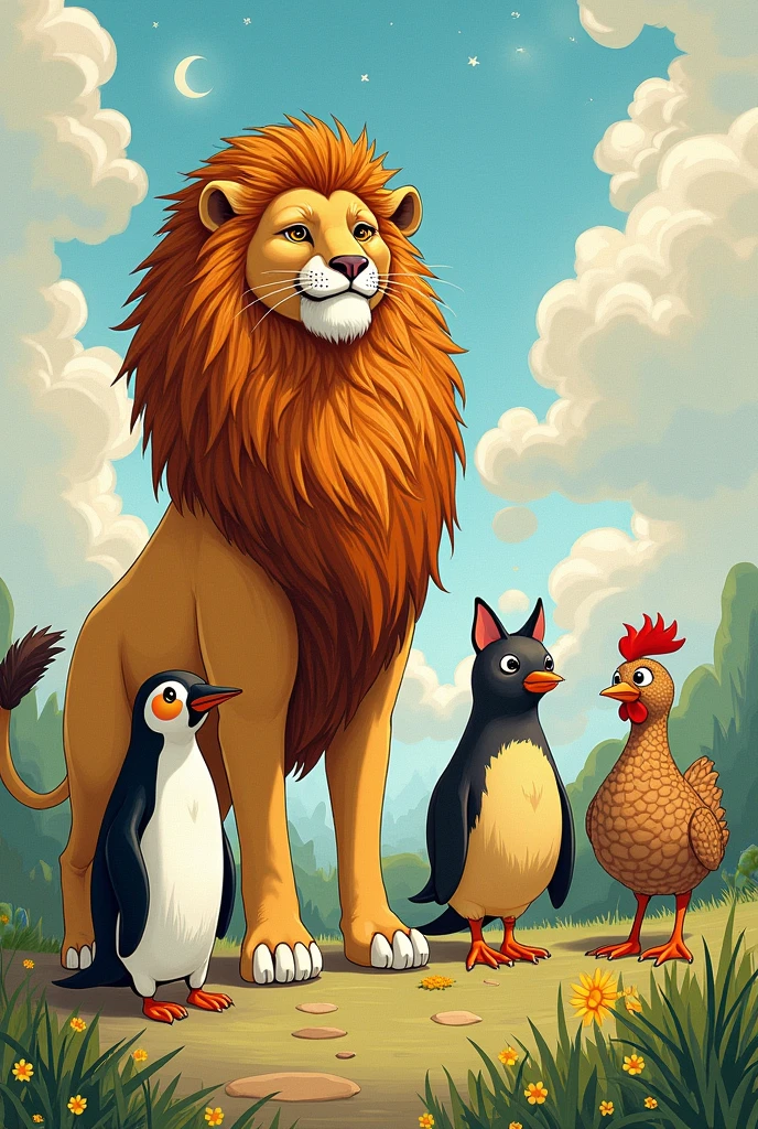 I created a drawing with the following Animals lion, penguin, catboy, chicken and a duck