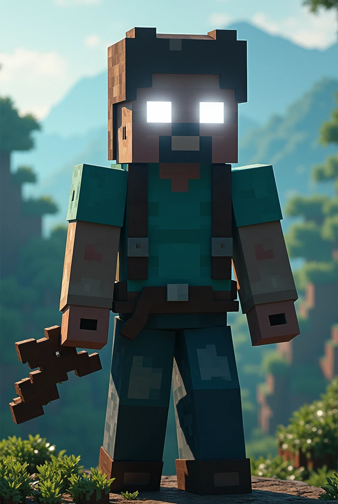 Steve from Minecraft with completely white eyes