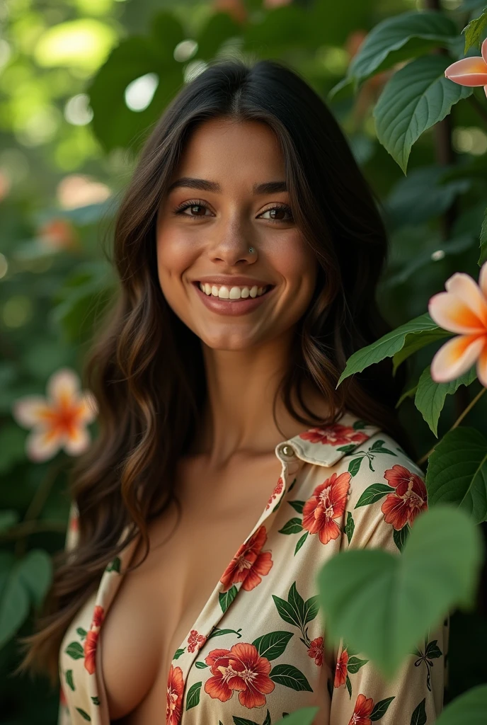 A Brazilian woman in a lush tropical garden, wearing an open shirt with a floral print, with a close-up capturing the harmonious beauty between her breasts and the natural flowers, showing off your natural charm and outgoing personality.