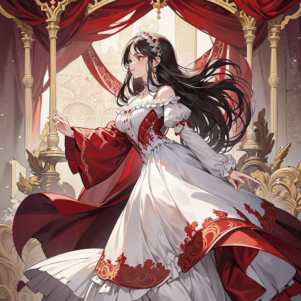 A costume design drawing of an elaborate flamenco dancer, with ornate patterns and ruffles in shades of burgundy reds and whites. The background is a white canvas, and the illustration includes elements such as cards, playing pieces, and dice. in the style of elegant --ar 3:4 --niji 6