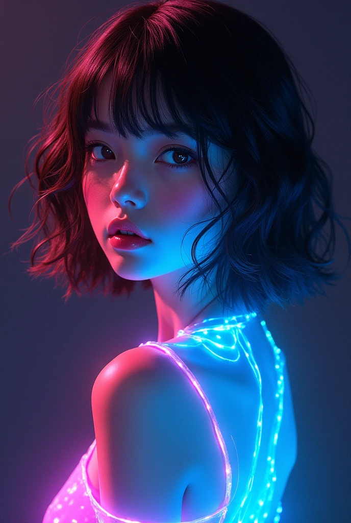 Fluorescent Color, 1 girl, Look to the side, Pretty Face, beautiful eyes, (Shoulder: 1.2), Upper Body, Shiny hair, Glowing skin, Reduce glare emissions, The fingers are in good proportion, dark, Throw, Dynamic Angle, (((Main Part))), (((Better quality))), ((Ultra Detailed)), (illustration), (Detail Light), ((Extremely exquisite and beautiful)), dramatic_shadow, Rays_track, reflection, Ultra-high resolution, laser