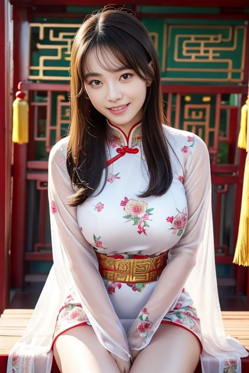 Fair skin,8k,Ultra-high resolution,Super detailed,Highest quality,Look at the viewers、Perfect lighting,flat light,super high quality,Ultra-high resolution,masterpiece,Realistic,Detailed face,Perfect Anatomy,Slender body、Young face、smile、Sweating、Flushed Cheeks、chinese shrine、Clear winter weather、((chinese garment))、((Tight Chinese dress))、Nice and cute, An innocent smile, , A lovely smile, (A big bust that seems to burst:1.20),(Beautiful Big 1:1)、Beautiful Eyes、Please show me your whole body、Beautiful legs visible from the slit、カンフーのポーズ