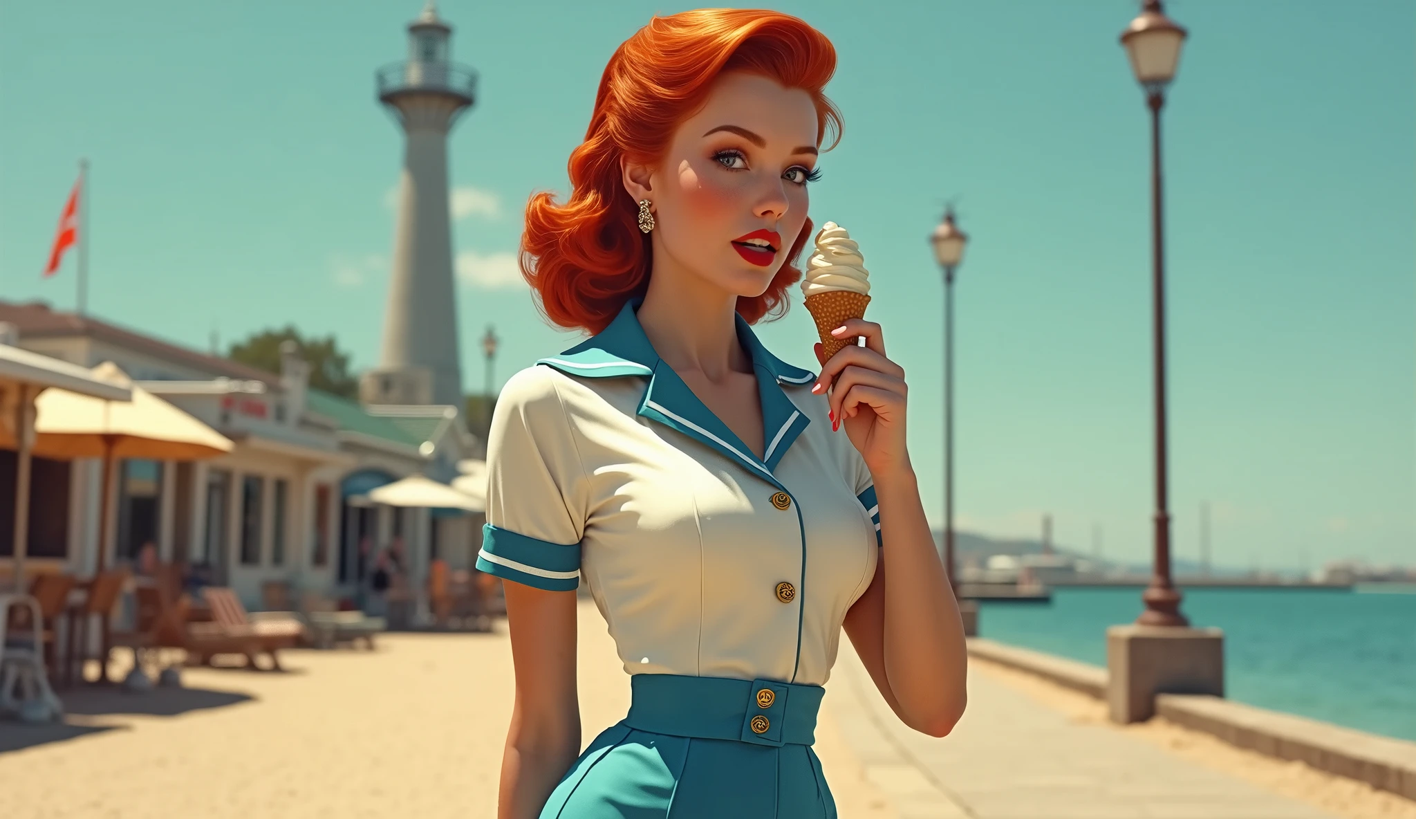 hottie, woman, 20 years old, 40's stewardess uniform, short skirt, white and blue, redhead, sexy pose, licking an ice cream, docks, boardwalk, sand, sunny day, judy garland, red lipstick, freckles. full body. small smile, dimples