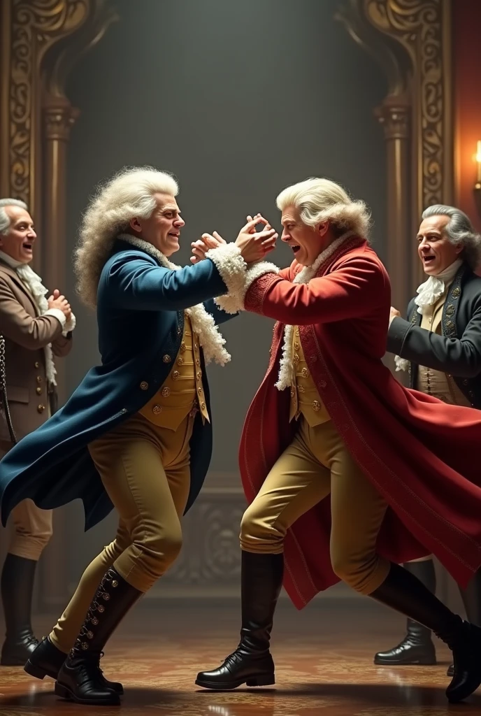 Mozart and Bach fighting hand to hand while Chopin, Beethoven and Tchaikovsky cheering from background