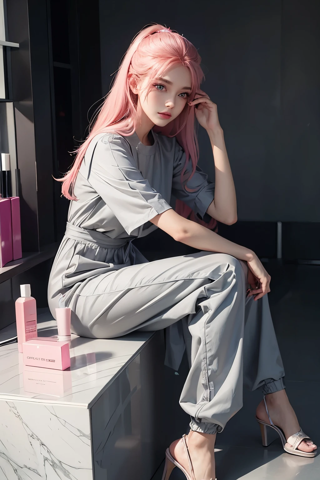 beautiful woman in a sleek grey jumpsuit , holding pink handbag, sitting in vanity table with cosmetic product, in digital illustration, clean line art in anime inspired style.
