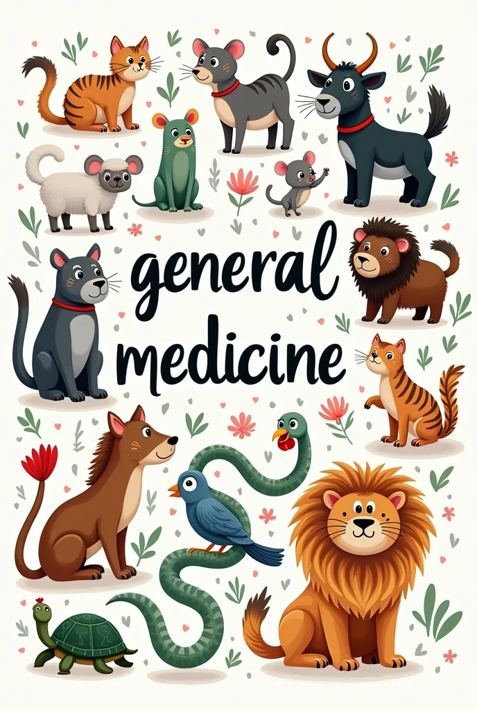 Phrase "General Medicine" with animal cartoon doodles (Cat, dog, goat, mice, cattle, horse, sheep, buffalo ,snake, turtle, tarantula, Chicken, parrot, lion, tiger) from Pinterest around it