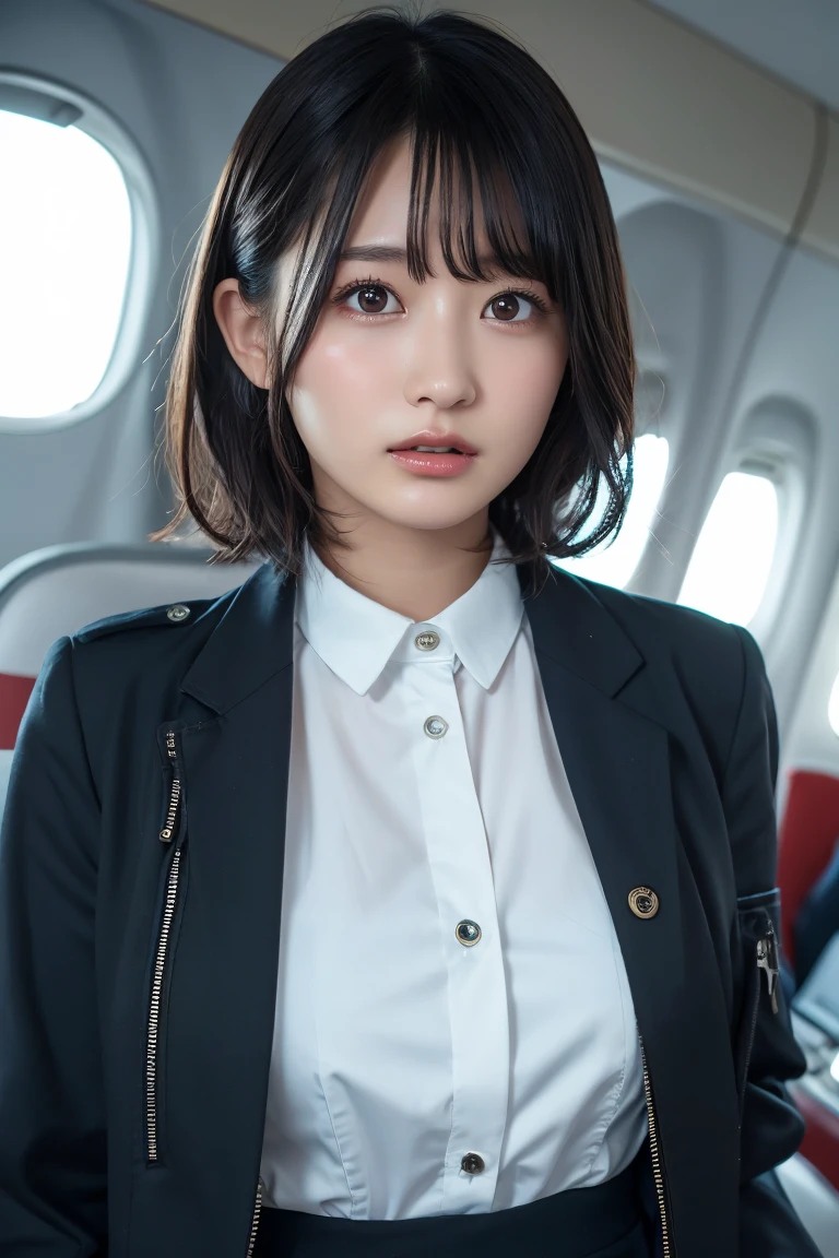 bionde,short curl hair,Glowing Skin, lips, Highly detailed skin, Beautiful face and eyes in every detail, Spotlight, Professional Lighting, (Upper Body:0.8), stewardess, Black Skirt, Jacket, Short shirt, Ko 123,