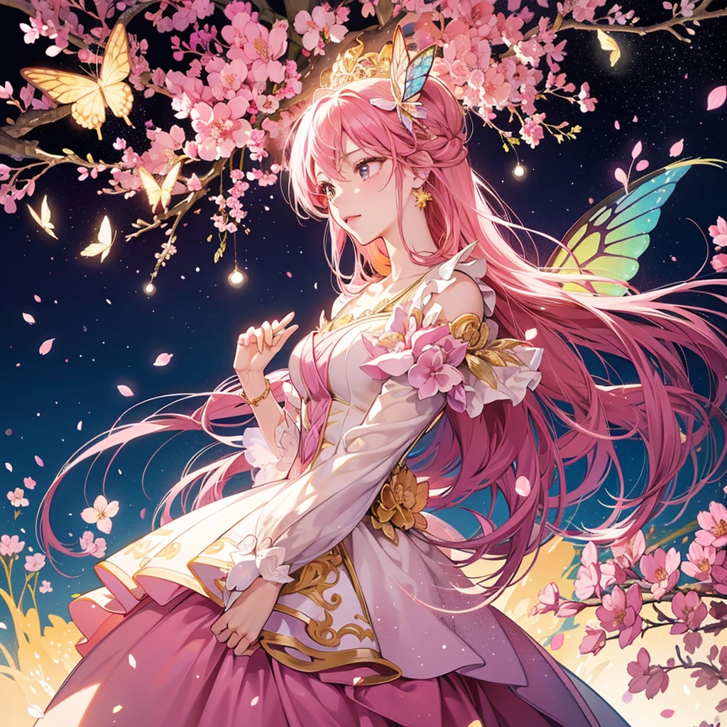 Pink and gold glittery background, a symmetrical illustration of a silhouette standing under a cherry blossom tree with large pink butterfly wings in the style of anime tarot card art in the style of colorful, colorful sparkles flying everywhere, a magical, dreamy glow effect, glowing lights, vibrant colors of pink, black, yellow, white, purple, red, orange, and blue. --ar 3:4 --niji 6