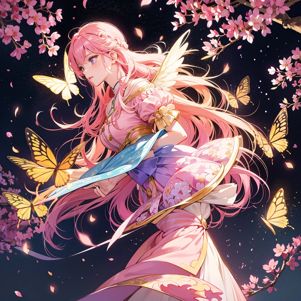 Pink and gold glittery background, a symmetrical illustration of a silhouette standing under a cherry blossom tree with large pink butterfly wings in the style of anime tarot card art in the style of colorful, colorful sparkles flying everywhere, a magical, dreamy glow effect, glowing lights, vibrant colors of pink, black, yellow, white, purple, red, orange, and blue. --ar 3:4 --niji 6